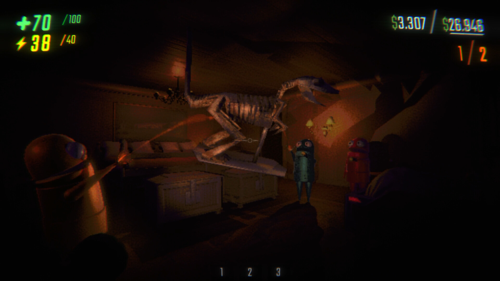 R.E.P.O. gameplay — manhnequin monster encounter in dim hallway
