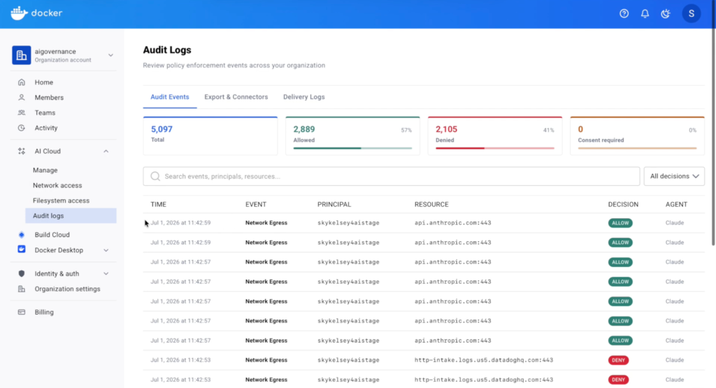 Docker AI Governance audit logs now stream to your existing SIEM